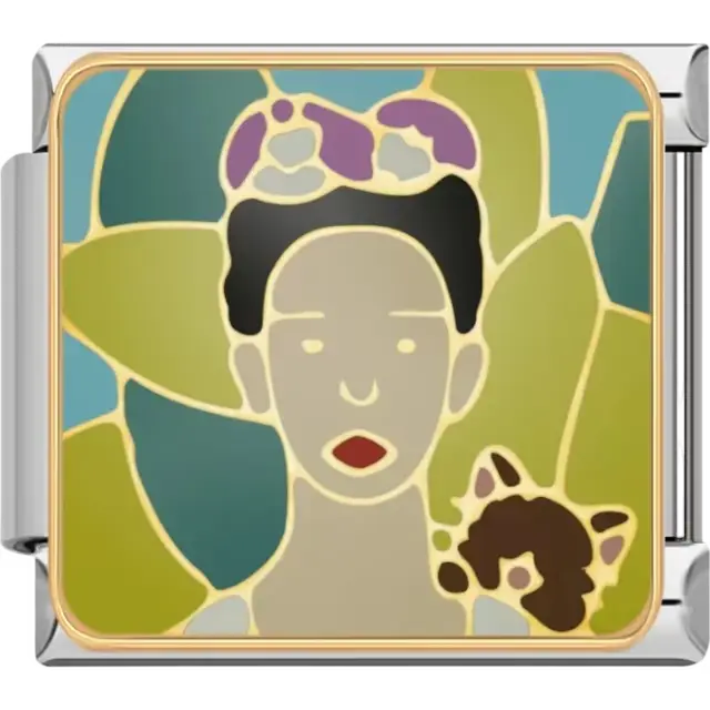 Frida Kahlo portrait design with floral accents and a cat Italian charm bracelet link