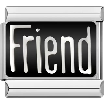 Silver “Friend” text on a black background Italian charm bracelet link