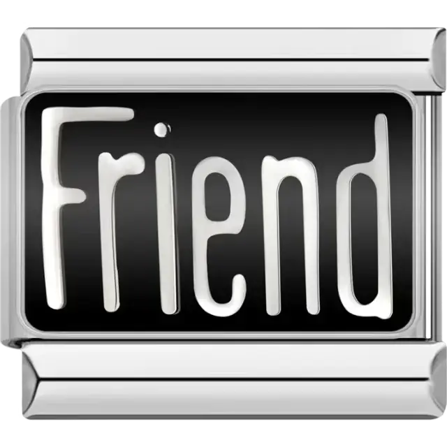 Silver “Friend” text on a black background Italian charm bracelet link