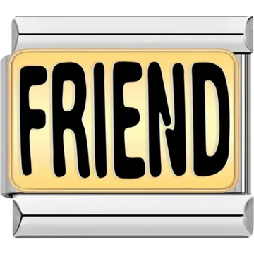 Black "FRIEND" text on a gold background Italian charm bracelet link