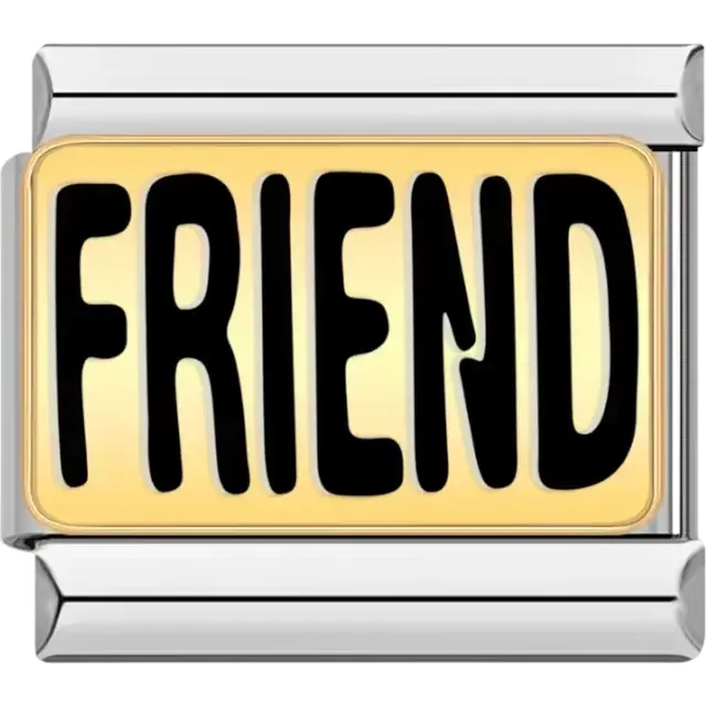 Black "FRIEND" text on a gold background Italian charm bracelet link