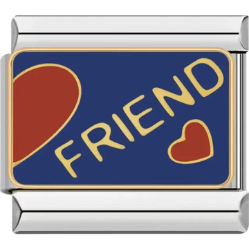 "Friend" text with two red hearts on a blue background Italian charm bracelet link