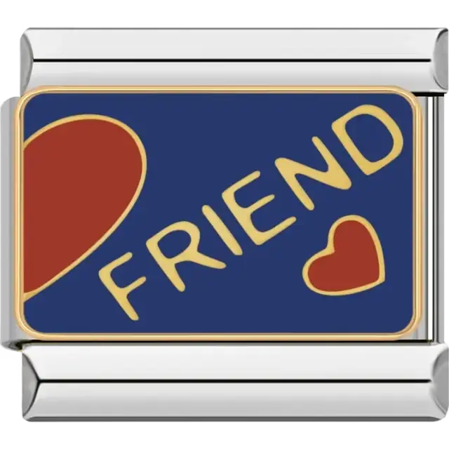 "Friend" text with two red hearts on a blue background Italian charm bracelet link