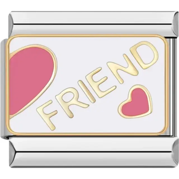 White rectangular design with pink hearts and gold "Friend" text Italian charm bracelet link