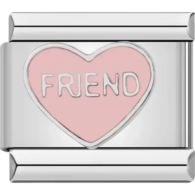 Pink heart with "FRIEND" text in silver Italian charm bracelet link