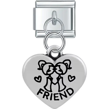 Heart with "FRIEND" text girl figures hearts dangle Italian charm bracelet link