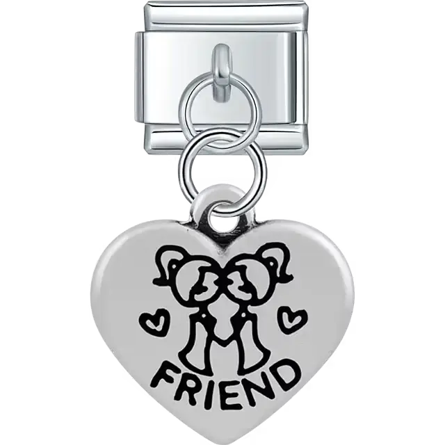 Heart with "FRIEND" text girl figures hearts dangle Italian charm bracelet link