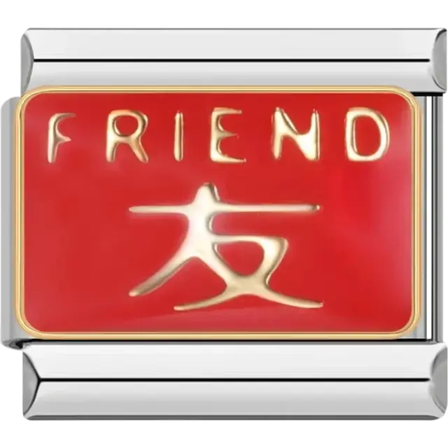 “Friend” text with a symbol on a red Italian charm bracelet link