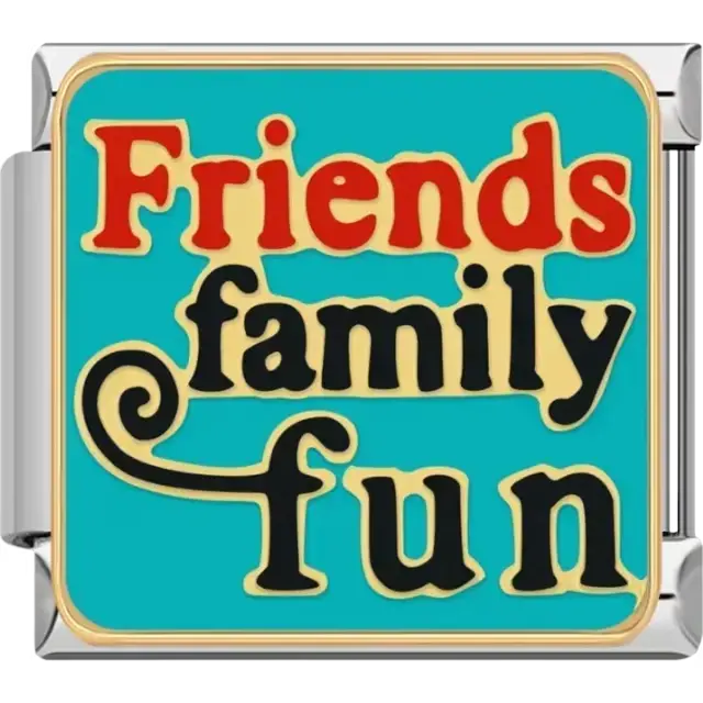 "Friends Family Fun" text and a decorative swirl accent Italian charm bracelet link