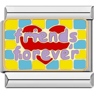 Purple "friends forever" text with a red heart on a yellow and blue patterned background Italian charm bracelet link