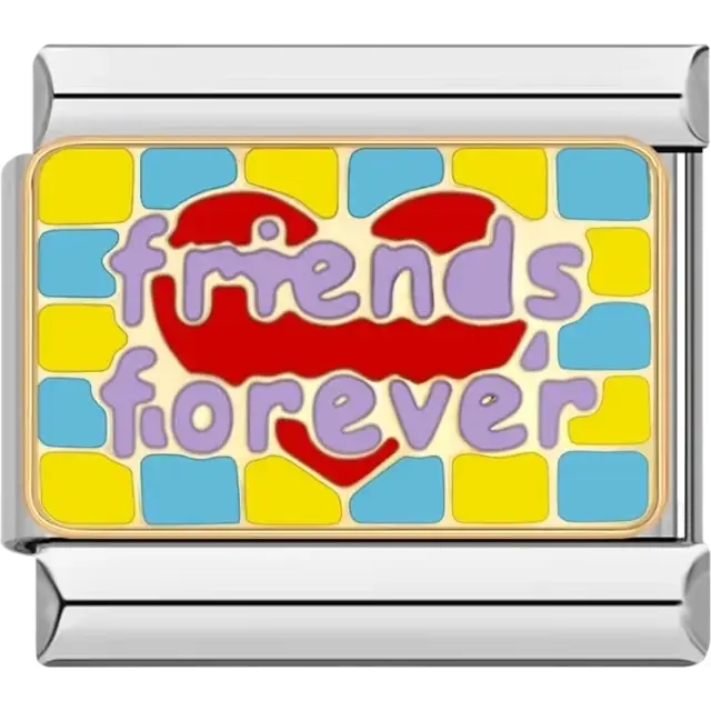 Purple "friends forever" text with a red heart on a yellow and blue patterned background Italian charm bracelet link