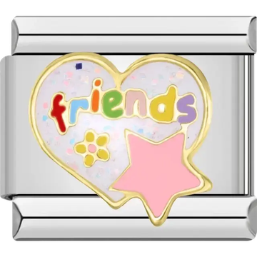 Heart charm with “friends,” pink star, and flower Italian charm bracelet link
