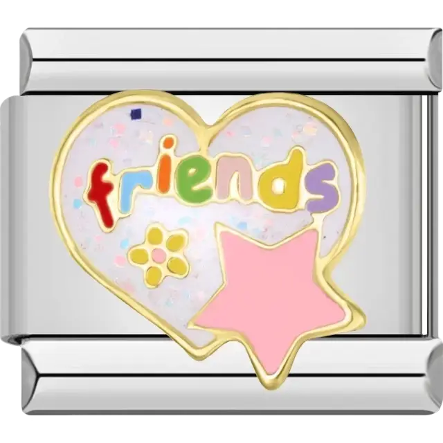 Heart charm with “friends,” pink star, and flower Italian charm bracelet link