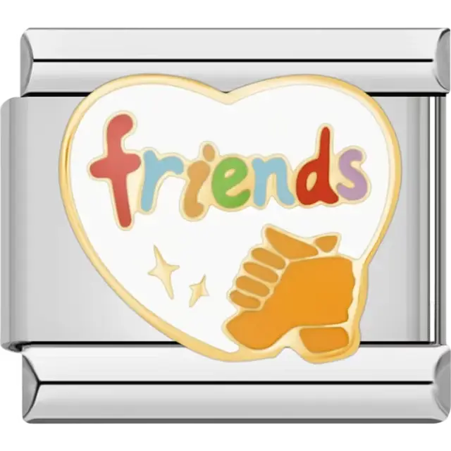 Multicolor friends text with gold handshake and stars inside gold heart Italian charm bracelet link