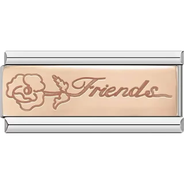 Rose gold with engraved "Friends" text and rose design Italian charm bracelet link