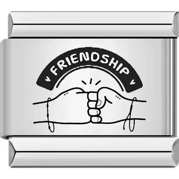 Fist bump illustration under an arched "FRIENDSHIP" text with heart accents Italian charm bracelet link