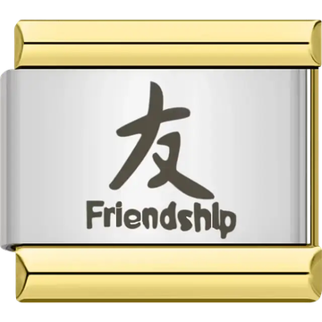 Kanji symbol for "Friendship" in black with small English text Italian charm bracelet link