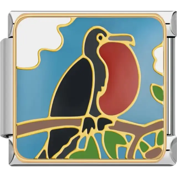 Black frigatebird with red chest on a brown branch with blue sky Italian charm bracelet link