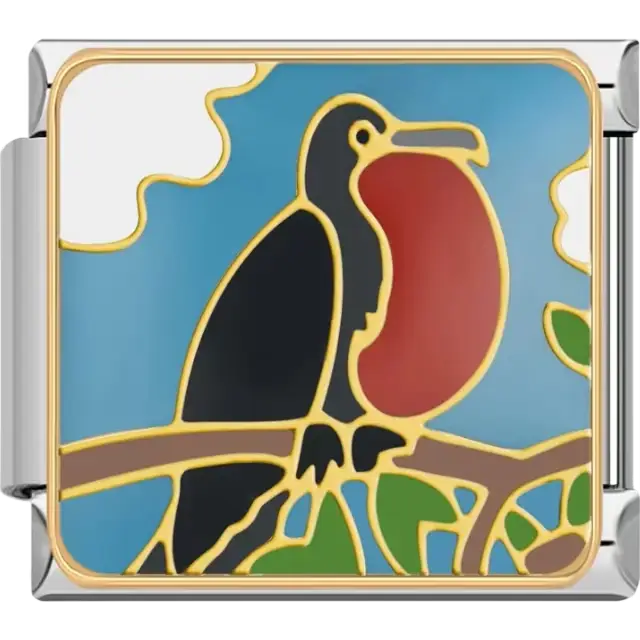 Black frigatebird with red chest on a brown branch with blue sky Italian charm bracelet link
