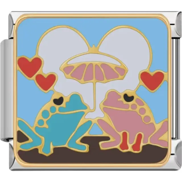 Blue and pink frogs sitting under a pink umbrella with red hearts and a sky background Italian charm bracelet link