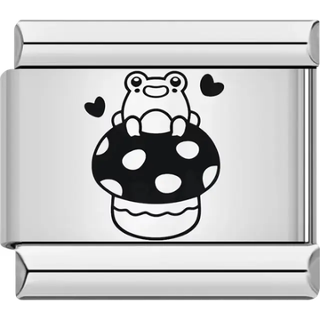 Frog sitting on polka dot mushroom with two heart accents Italian charm bracelet link