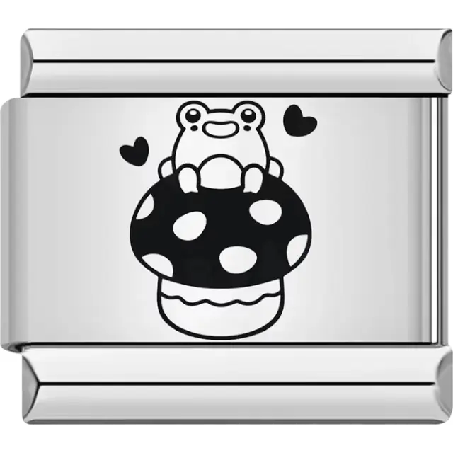 Frog sitting on polka dot mushroom with two heart accents Italian charm bracelet link