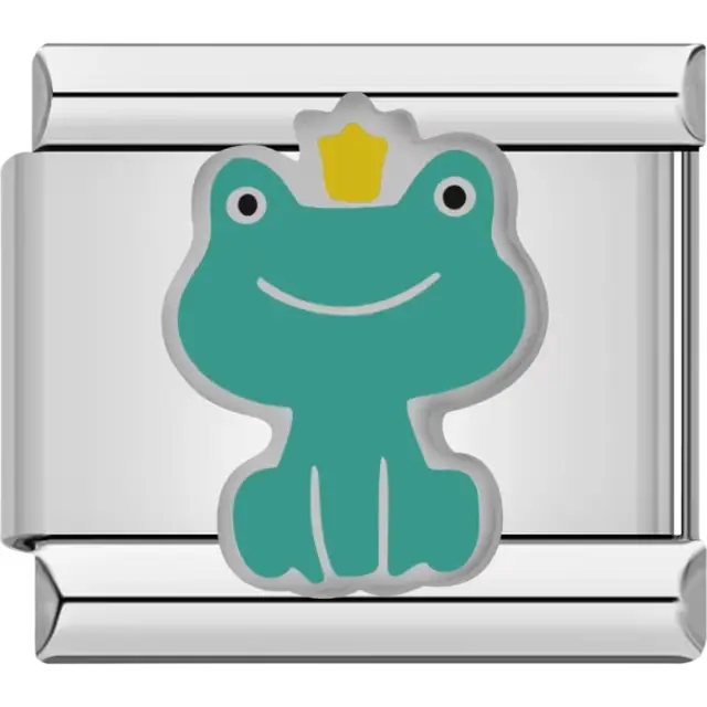 Green frog with yellow crown Italian charm bracelet link