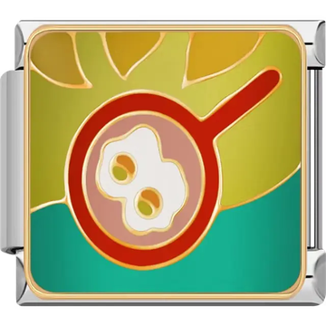 Red frying pan with white eggs and green accents on yellow and teal background Italian charm bracelet link