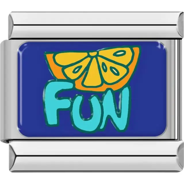 Yellow orange slice with the word "Fun" in teal on blue background Italian charm bracelet link
