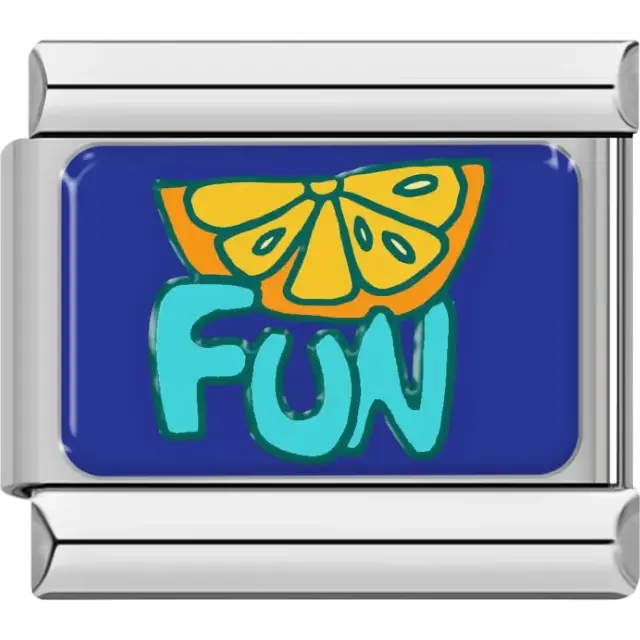Yellow orange slice with the word "Fun" in teal on blue background Italian charm bracelet link