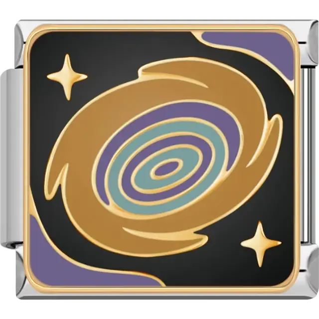 Gold swirling galaxy with purple and teal accents surrounded by stars on black background Italian charm bracelet link