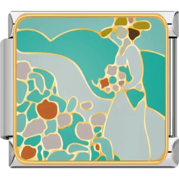 Artistic design featuring a lady in a sun hat surrounded by colorful flowers on a teal background Italian charm bracelet link