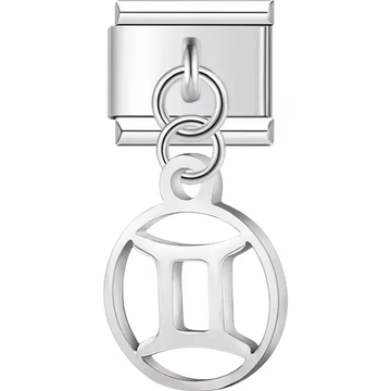 Gemini zodiac symbol on a circular dangle Italian charm bracelet link