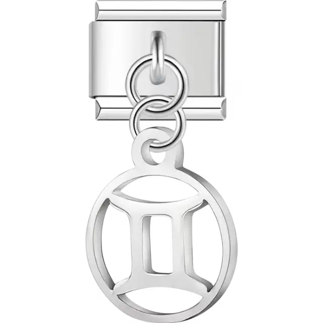 Gemini zodiac symbol on a circular dangle Italian charm bracelet link