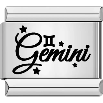 Black "Gemini" text with Gemini symbol and star accents Italian charm bracelet link