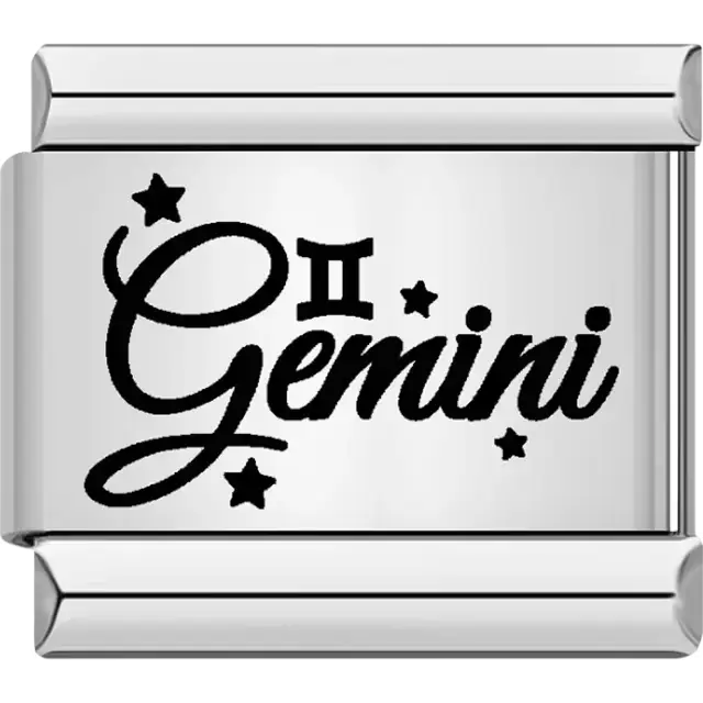 Black "Gemini" text with Gemini symbol and star accents Italian charm bracelet link