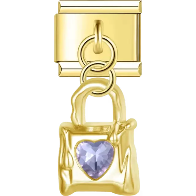 Dangle padlock with heart-shaped purple gemstone accent Italian charm bracelet link