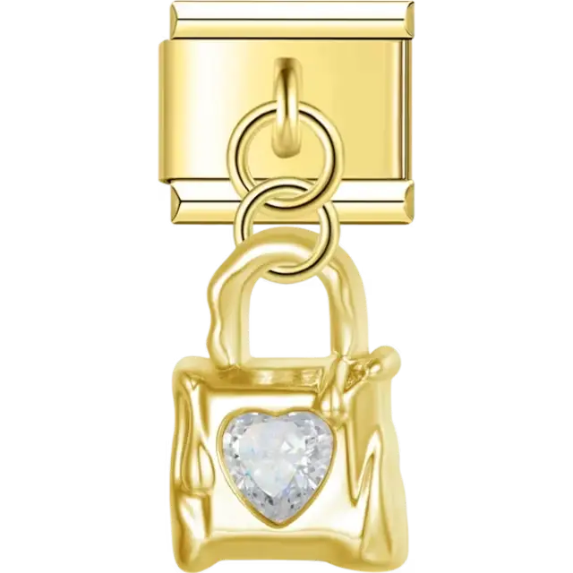 Dangle padlock with heart-shaped crystal accent Italian charm bracelet link