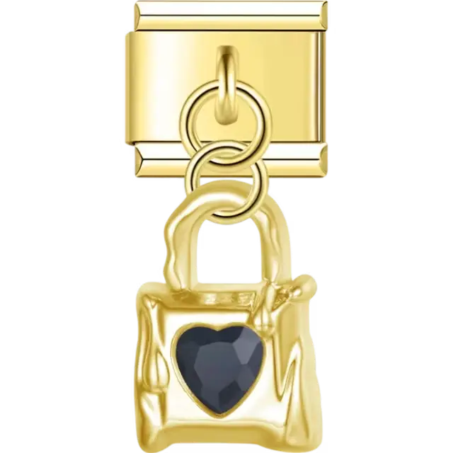 Dangle padlock with heart-shaped dark blue gemstone accent Italian charm bracelet link
