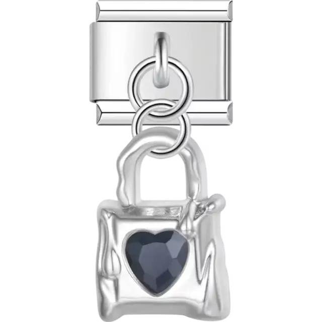 Dangle padlock with heart-shaped dark blue gemstone accent Italian charm bracelet link