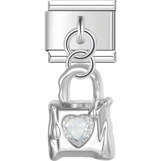 Dangle padlock with heart-shaped crystal accent Italian charm bracelet link