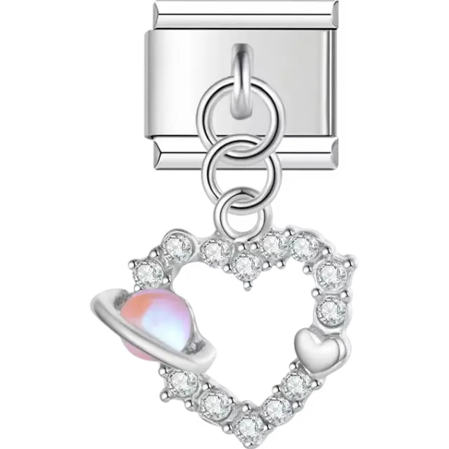 Heart-shaped frame with crystal accents planet and small heart details Italian charm bracelet link