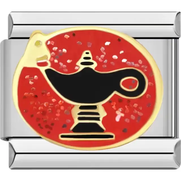 Black genie lamp with gold outline on a red glitter background Italian charm bracelet link