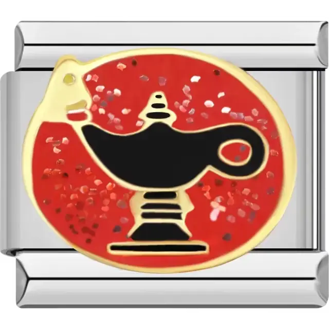 Black genie lamp with gold outline on a red glitter background Italian charm bracelet link