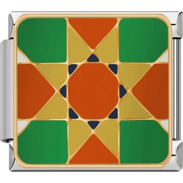 Red green gold and navy geometric mosaic pattern Italian charm bracelet link