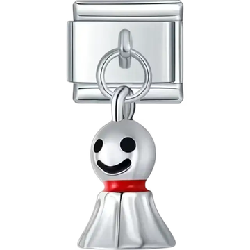 Silver ghost with black eyes, red collar, and dangle design Italian charm bracelet link