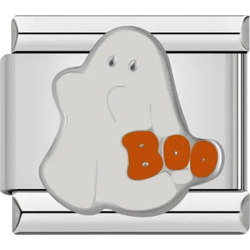 White ghost with orange “Boo” text Italian charm bracelet link