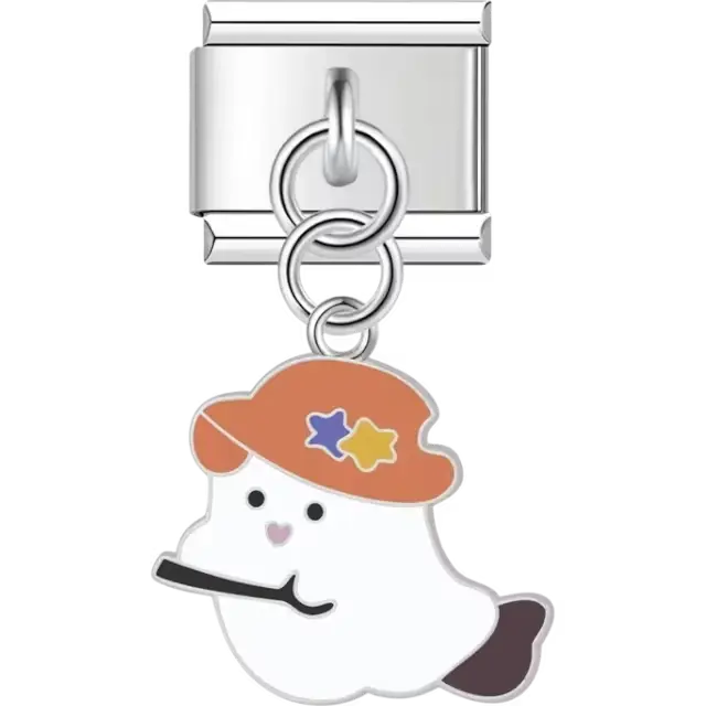 White ghost with an orange hat decorated with blue and yellow stars holding a black wand Italian charm bracelet link