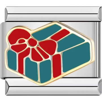 Heart-shaped gift box design with red bow and teal wrapping Italian charm bracelet link