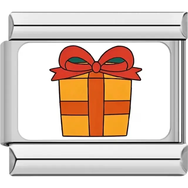 Yellow gift box wrapped with an orange ribbon and tied with a red bow Italian charm bracelet link